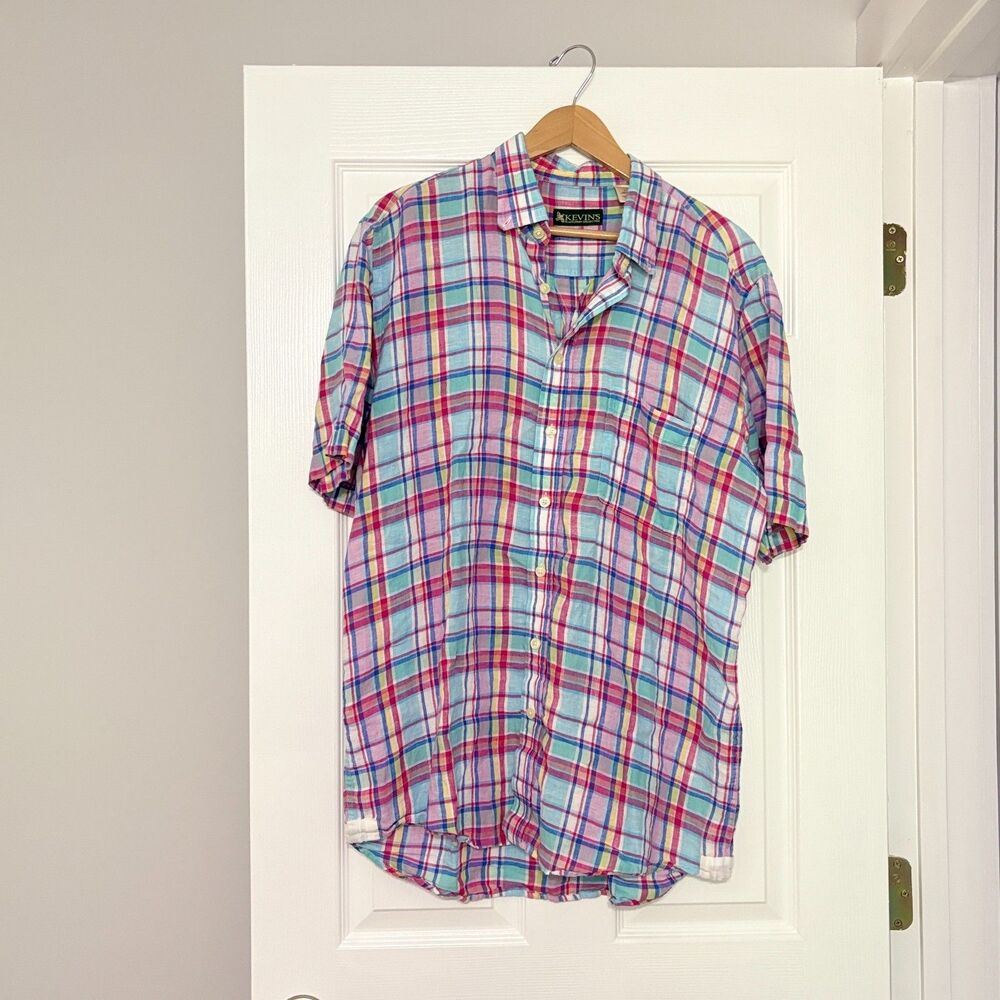 Kevins Plantation Collection Shirt Mens L Plaid Button Down Short Sleeve Linen
